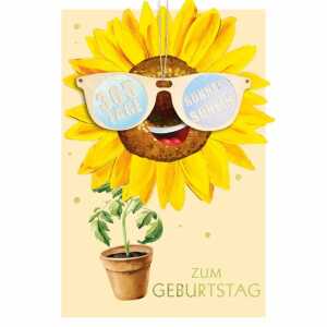 Glückwunschkarte Geburtstag Sonnenblume mit Brille Holzteil Juteband