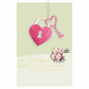 Glückwunschkarte Hochzeit Herz Schlüssel Strauß Holzteil an Juteband