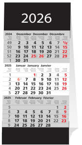2026 ADINA sw 3-Monatskalender Aufstellkalender für den Schreibtisch