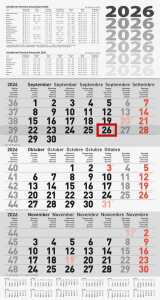 2026 Brunnen 3-Monatskalender grau 300×560 mm 4061947142075