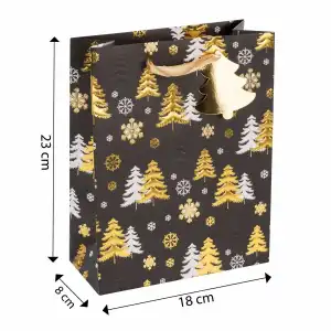 Idena Geschenktasche Tannenbäume schwarz/gold 18x23x8cm
