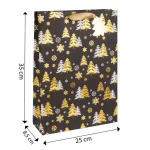 Idena Geschenktasche Tannenbäume schwarz/gold 25x35x8,5cm