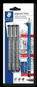 Technisches Zeichen-Set: 3 Fasermaler , Bleistift, Radierg Anspitzer.