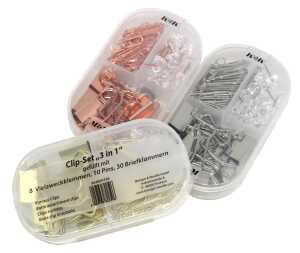 Clip-Set "3in1" 48-teilig, 30 Briefklammern 28mm, 8 Vielzweckklemmen 19mm, 10 Pins