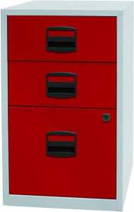 Beistellschrank PFA, 2 Schubladen, 1 Hängeregistraturschublade, abschließbar, 672 x 413 x 400 mm, Korpus lichtgrau, Front kardinalrot