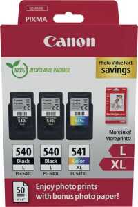 Multipack Tintenpatrone 2x PG-540L, 1x CL-541XL, für Canon Drucker, 1 x 11 ml, 1 x 15 ml, PBK/BK/C/M/Y, mit Fotopapier