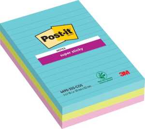 Haftnotiz Super Sticky Note, 101 x 152 mm, liniert, 3 x 90 Blatt, 3 Block, Cosmic Collection: türkis, neongrün, tropicalpink