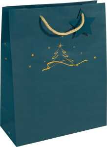 Geschenktaschen, Large, Christmas tree petrol, Mattlack, Geschenkanhänge, Tragekordel, Papier: 157g/qm, 260 x 330 x 120 mm