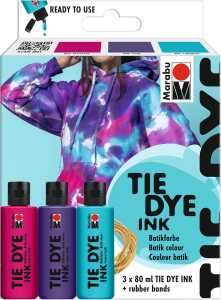 Marabu Batik Set TIE DYE Ink Trend himbeer/pflaume/türkis 3x80ml inklusive Gummibändern