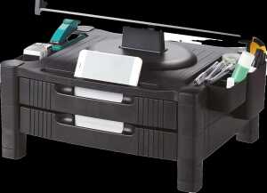 Monitorständer mit 2 Schubladen  + Zubehör,schwarz,  2 fach höhenverstellbar, HIPS Maße: 43,4*33,6*19,3 cm, max <20kg