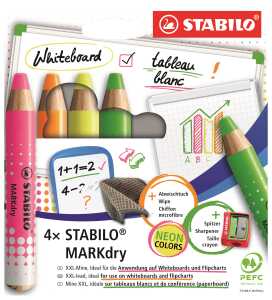 STABILO Trockenmarker Set MARKdry neon 4 Farben 4 Stück Spitzer und Reinigungstuch