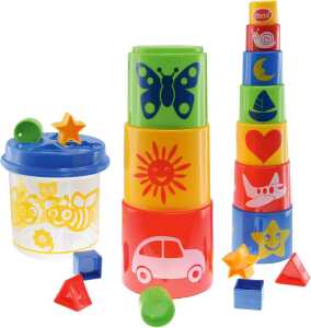 Steckbox Set Biene mit Stapelpyramide blau/gelb/transparent 14x16cm 20 Teile