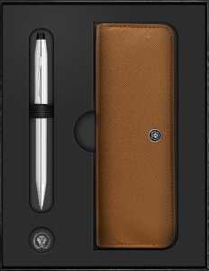 Cross Geschenkset Kugelschreib. CenturyII Glanz-chrom  mit Lederetui mokka