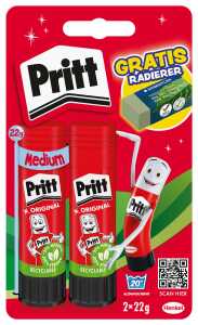 Klebestift Pritt 2x22g + Radierer