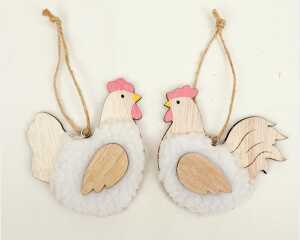 Hahn und Henne aus Holz mit Fell 8,5x8x1cm, 2 fach sort. ,