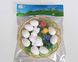 Malset 8 Eier, einem Hase und 4 Farben + Korb Eier und Hase aus Polyfoam, Korb ca. 19cm