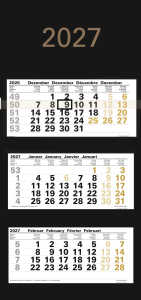 2027 GÜSS 3-Monatskalender einzelne Monatsblöcke Black Edition