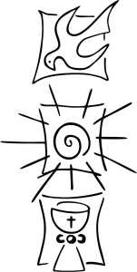 Stempel Kommunion/Konfirmation Taube Sonne Kelch Holz matt lackiert