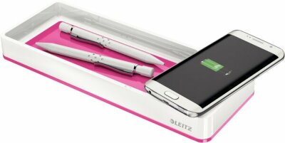 LEITZ 5365-10-23 Duo Colour Federschale WOW weiß/pink metallicmit integriertem QI Induktionsladegerät.Für alle Smartphones mit eingebautem Em