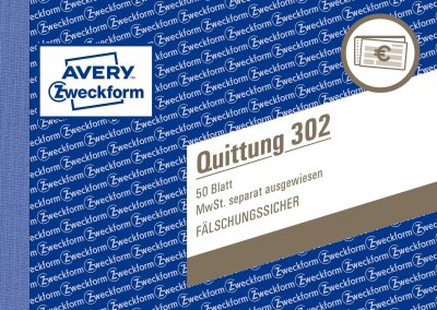 Zweckform 302 Quittung MwSt. separat ausgewiesen - A6 quer, MP, fälschungssicher, 50 Blatt, weiß