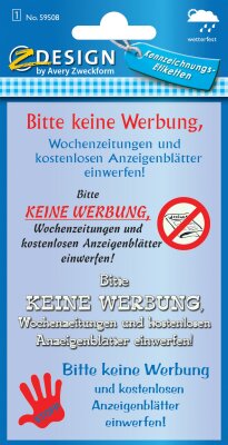 Zweckform 59508 Home Hinweis-Etikett "Keine Werbung", Kunststoff, 1 Bogen 4 Etiketten