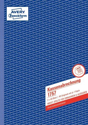 Zweckform 1757 Kassenabrechnung, 1.& 2.Bl. bedr. MwSt.-Spalte Ein-Ausgaben, SD, DIN A4, 2x40Bl.