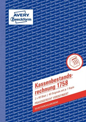 Zweckform 1758 Kassenbestandsrechnung, DIN A5, selbstdurchschreibend, 2 x 40 Blatt, weiß, gelb