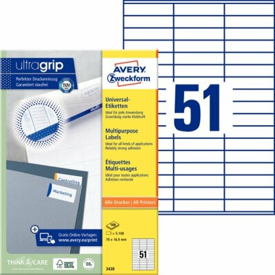 Zweckform 3420 Universal-Etiketten ultragrip - 70 x 16,9 mm, weiß, 5.100 Etiketten, permanent