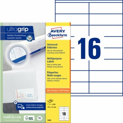 Zweckform 3423 Universal-Etiketten ultragrip - 105 x 35 mm, weiß, 1.600 Etiketten, permanent