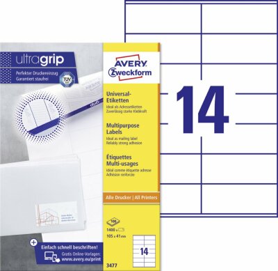 Zweckform 3477 Universal-Etiketten ultragrip - 105 x 41 mm, weiß, 1.400 Etiketten, permanent