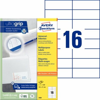 Zweckform 3484 Universal-Etiketten ultragrip - 105 x 37 mm, weiß, 1.600 Etiketten, permanent