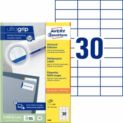 Zweckform 3489 Universal-Etiketten ultragrip - 70 x 29,7 mm, weiß, 3.000 Etiketten, permanent