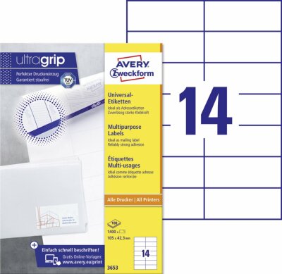 Zweckform 3653 Universal-Etiketten ultragrip - 105 x 42,3 mm, weiß, 1.400 Etiketten, permanent