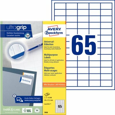 Zweckform 3666 Universal-Etiketten ultragrip - 38 x 21,2 mm, weiß, 6.500 Etiketten, permanent