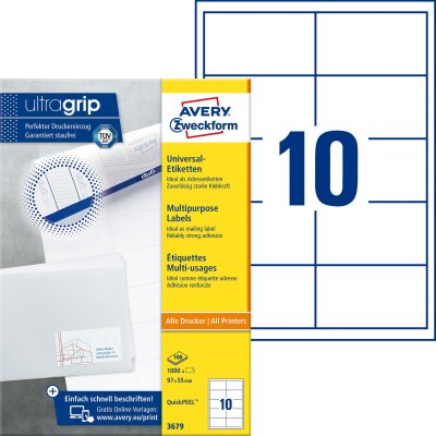 Zweckform 3679 Universal-Etiketten ultragrip - 97 x 55 mm, weiß, 1.000 Etiketten, permanent