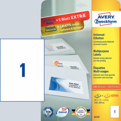 Zweckform 6119 Universal-Etiketten ultragrip - 210 x 297 mm, weiß, 30 Etiketten, permanent