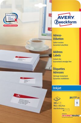 Zweckform J8177-25 Adress-Etiketten - 99,1 x 42,3 mm, weiß, 300 Etiketten/25 Blatt, permanent, für DIN lang Kuverts