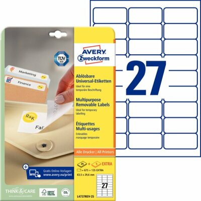 Zweckform L4737REV-25 Universal-Etiketten - 63,5 x 29,6 mm, weiß, 810 Etiketten, wiederablösbar