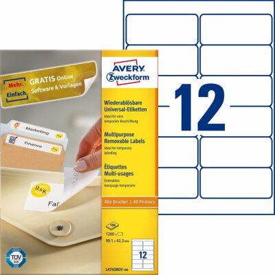 Zweckform L4743REV-100 Universal-Etiketten - 99,1 x 42,3 mm, weiß, 1.200 Etiketten/100 Blatt, wiederablösbar