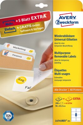 Zweckform L4745REV-25 Universal-Etiketten - 96 x 63,5 mm, weiß, 240 Etiketten/30 Blatt, wiederablösbar