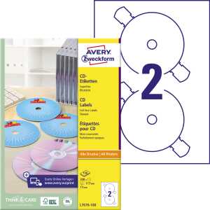 L7676-100 CD-Etiketten, Ø 117 mm, 100 Blatt/200 Etiketten, weiß