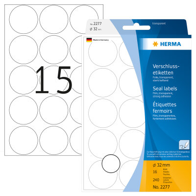 Herma Verschlussetiketten Folie stark haftend Ø 32 mm transparent 240 Etik. Handbeschriftung