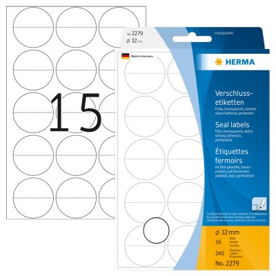 Herma Verschlussetiketten Folie stark haftend Ø 32 mm transparent perforiert 240 Etik. Handbeschriftung