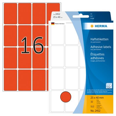 Herma Vielzwecketiketten permanent haftend 25 x 40 mm rot 32 Bl 512 Etik. Handbeschriftung