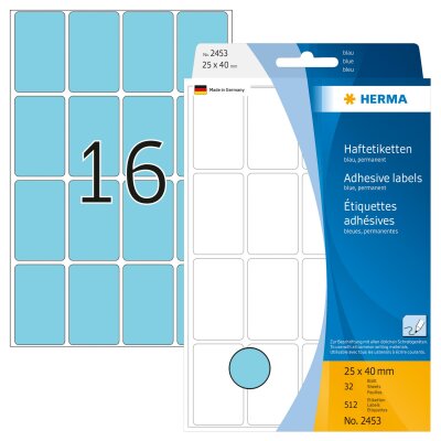 Herma Vielzwecketiketten permanent haftend 25 x 40 mm blau 32 Bl 512 Etik. Handbeschriftung