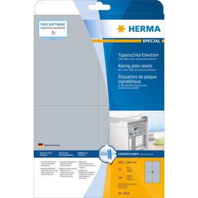 Herma Etiketten Typenschild stark haftend 105 x 148 mm wetterfest silber 25 Bl 100 Etik. LaserCopy