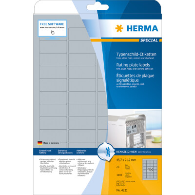 Herma Etiketten Typenschild stark haftend 45,7 x 21,2 mm wetterfest silber 25 Bl 1200 Etik. LaserCopy