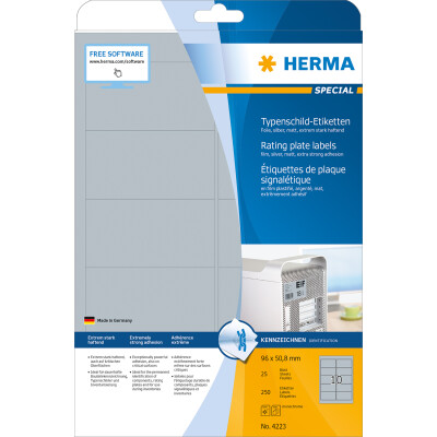 Herma Etiketten Typenschild stark haftend 96 x 50,8 mm wetterfest silber 25 Bl 250 Etik. LaserCopy