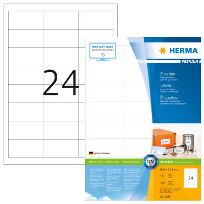 Herma Etiketten permanent haftend 64,6 x 33,8 mm weiss PREMIUM 100 Bl 2400 Etik. LaserInkCopy