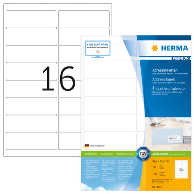 Herma Etiketten für Adressen permanent haftend 99,1 x 33,8 mm weiss PREMIUM 100 Bl 1600 Etik. LaserInkCopy